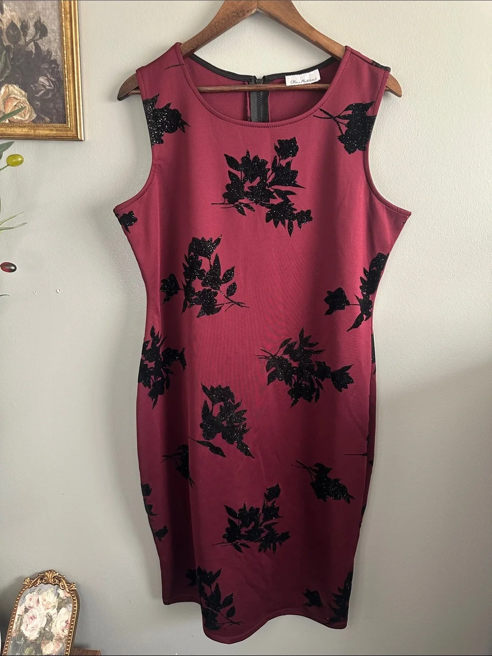 Olivia Matthews Burgundy Velvet Flocked Floral Sheath Dress L - Picture 8 of 10